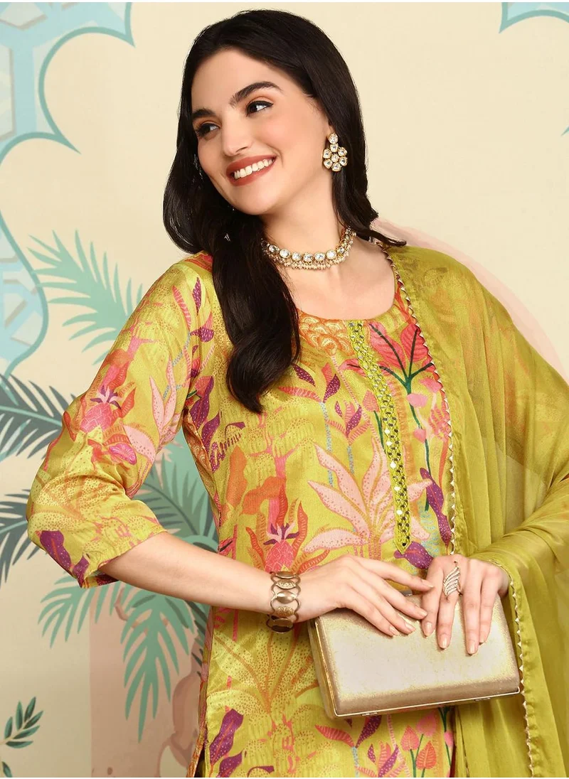 ISHIN Yellow Kurta Set Straight Fit 3/4 Sleeve Sleeve made from TOP:- Poly chinon digital, Bottom:- Heavy Chanderi featuring Self Design design and Round Neck neckline - Perfect for Ethinic!