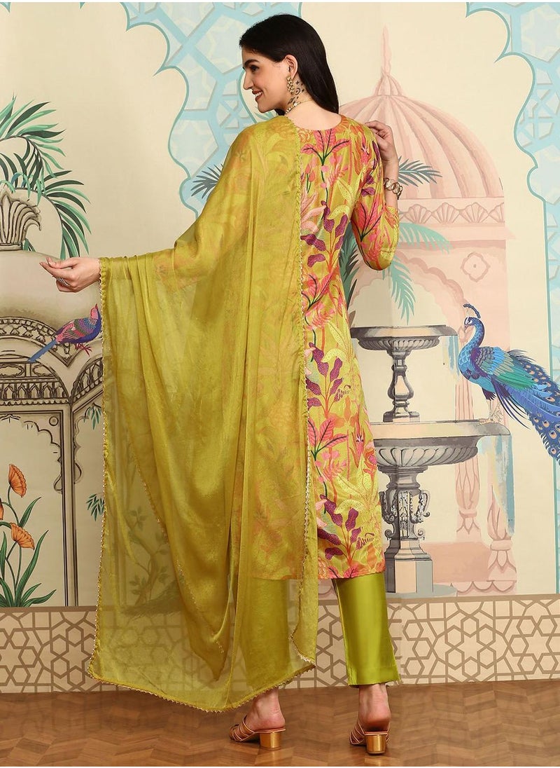 ISHIN Yellow Kurta Set Straight Fit 3/4 Sleeve Sleeve made from TOP:- Poly chinon digital, Bottom:- Heavy Chanderi featuring Self Design design and Round Neck neckline - Perfect for Ethinic!  - Image 5