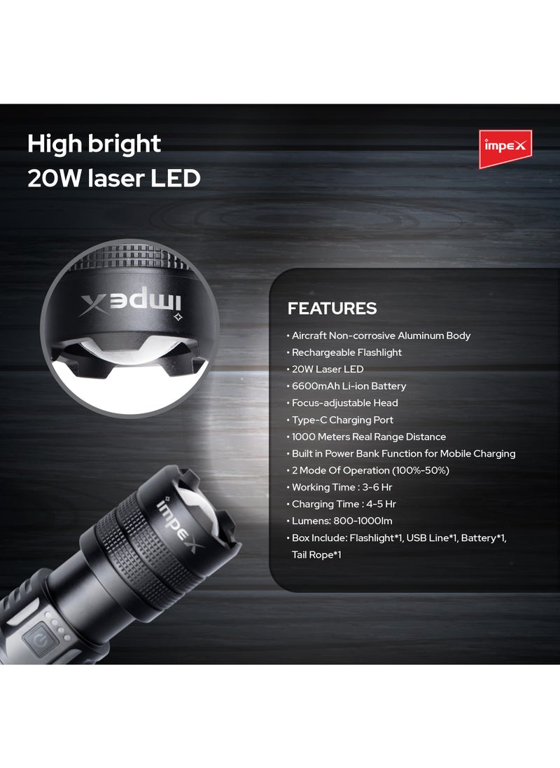 Rechargeable Flashlight,20W Laser LED Torch 1000 Lumens, Aircraft Non-Corrosive Aluminum Body, Adjustable Focus,6600mAh Battery, Type-C Charging Port,2 Years Warranty-Hunter Z4
