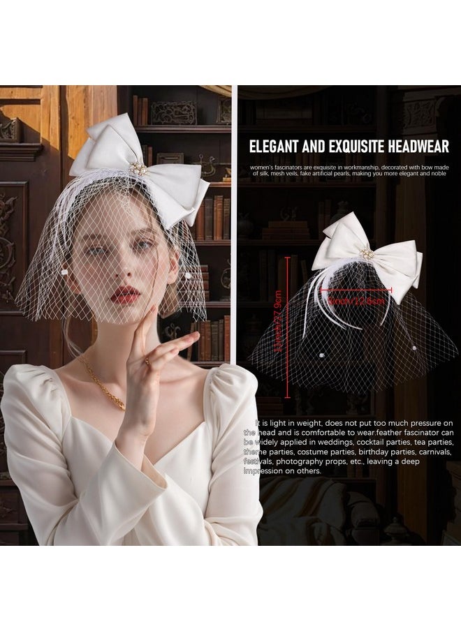 CROWN GUIDE - Fascinator Headband Hat Bows Feather Wedding Tea Party Church Headwear Cocktail Hats For Women Kentucky Derby Beige White - Image 1