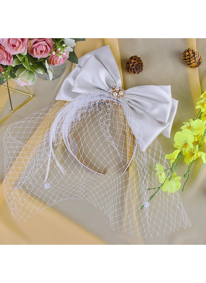 CROWN GUIDE - Fascinator Headband Hat Bows Feather Wedding Tea Party Church Headwear Cocktail Hats For Women Kentucky Derby Beige White - Image 1