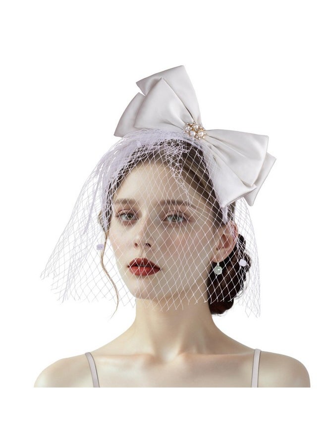 CROWN GUIDE - Fascinator Headband Hat Bows Feather Wedding Tea Party Church Headwear Cocktail Hats For Women Kentucky Derby Beige White - Image 1