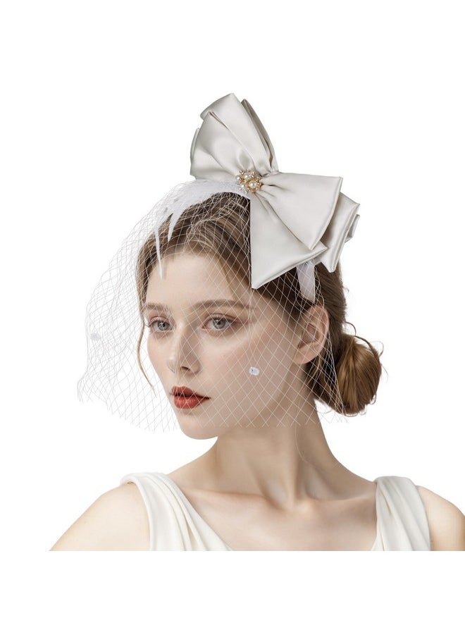 CROWN GUIDE - Fascinator Headband Hat Bows Feather Wedding Tea Party Church Headwear Cocktail Hats For Women Kentucky Derby Beige White - Image 1