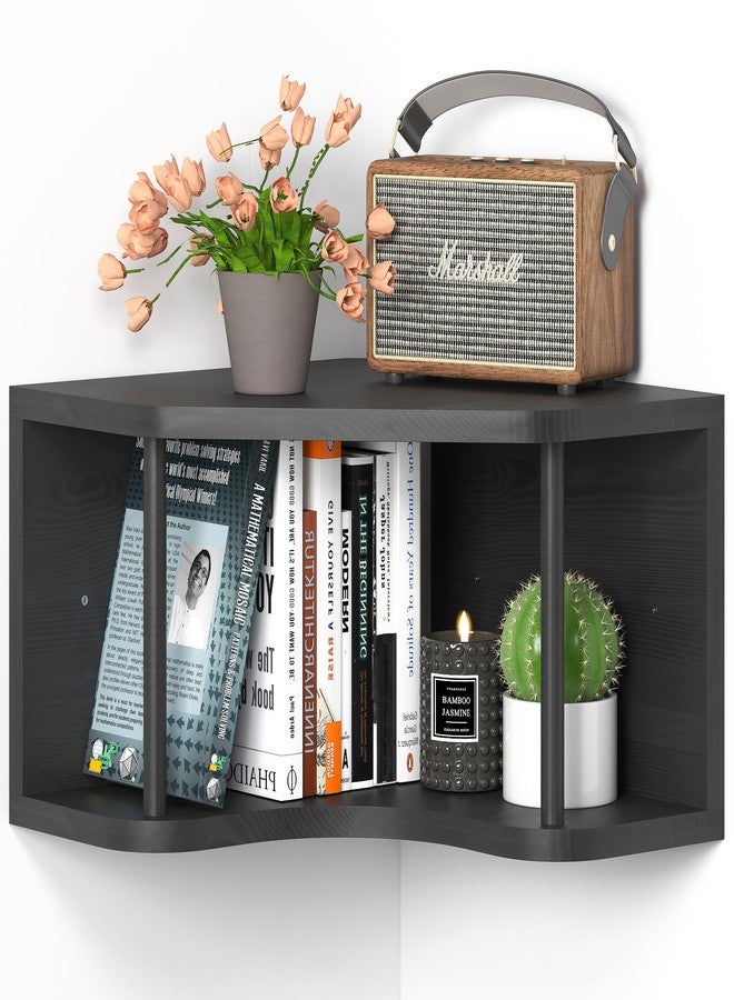 LUDORU Black Floating Corner Wall Shelves with Cord Hole - Pine Wood 90° Corner Floating Nightstand Shelves Wall Mounted, 18’’ Floating Cabinet Shelf, Projector Corner Shelf for Living Room,Bedroom,Kitchen - Image 1