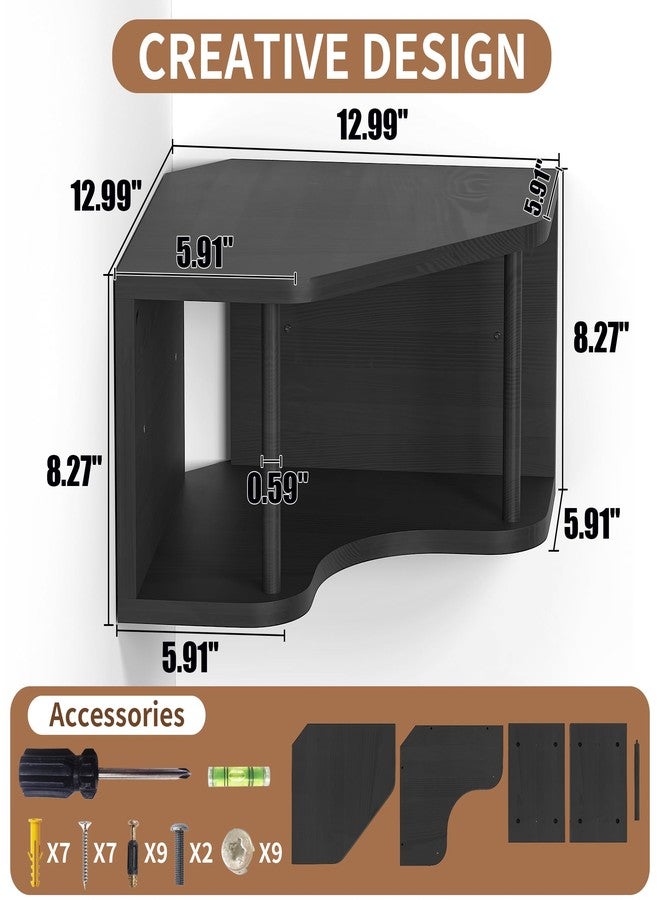 LUDORU Black Floating Corner Wall Shelves with Cord Hole - Pine Wood 90° Corner Floating Nightstand Shelves Wall Mounted, 18’’ Floating Cabinet Shelf, Projector Corner Shelf for Living Room,Bedroom,Kitchen - Image 2