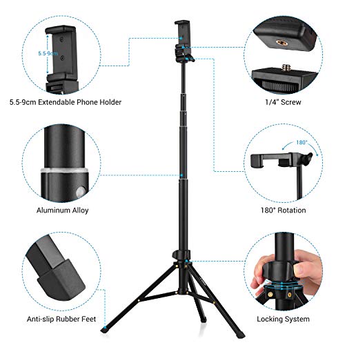 Andoer Selfie Stick Tripod 1.5m/59in Tripod Stand + Extendable Selfie Stick Aluminum Alloy with Phone Holder Remote Shutter Compatible with iPhone Android Phones Stand for LED Ring Light - Image 2