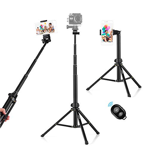 Andoer Selfie Stick Tripod 1.5m/59in Tripod Stand + Extendable Selfie Stick Aluminum Alloy with Phone Holder Remote Shutter Compatible with iPhone Android Phones Stand for LED Ring Light - Image 1