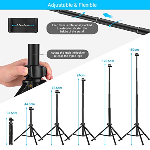 Andoer Selfie Stick Tripod 1.5m/59in Tripod Stand + Extendable Selfie Stick Aluminum Alloy with Phone Holder Remote Shutter Compatible with iPhone Android Phones Stand for LED Ring Light - Image 3