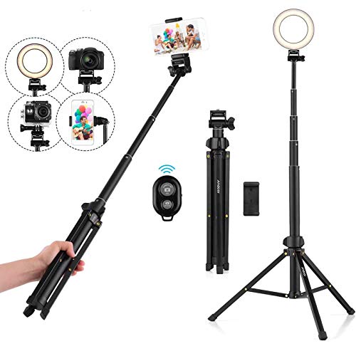 Andoer Selfie Stick Tripod 1.5m/59in Tripod Stand + Extendable Selfie Stick Aluminum Alloy with Phone Holder Remote Shutter Compatible with iPhone Android Phones Stand for LED Ring Light - Image 4