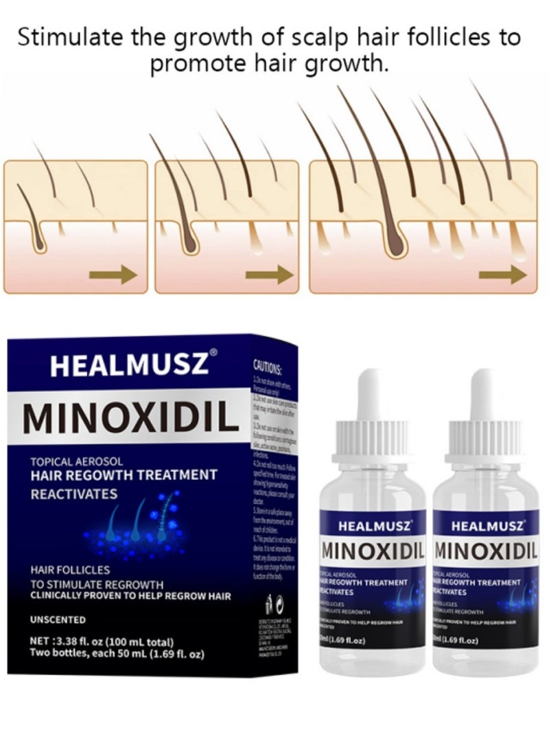 HEALMUSZ Minoxidil Hair Regrowth – Reactivate Follicles for Fuller Hair | 3.38 fl. oz (100 mL) Total | 2 Bottles (50 mL Each) - Image 1