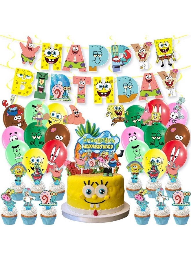 32 PCS Spongebob squarepants Theme Birthday Decorations Include Birthday Banner Cake Toppers Balloons - Image 1