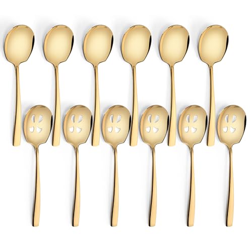 Kannei tec Serving Spoons Set 9.14 Inch Slotted Spoon Serving Spoon Stainless Steel Serving Utensils for Buffet Parties Catering Dishwasher Safe(Set of 12, Gold) - Image 1