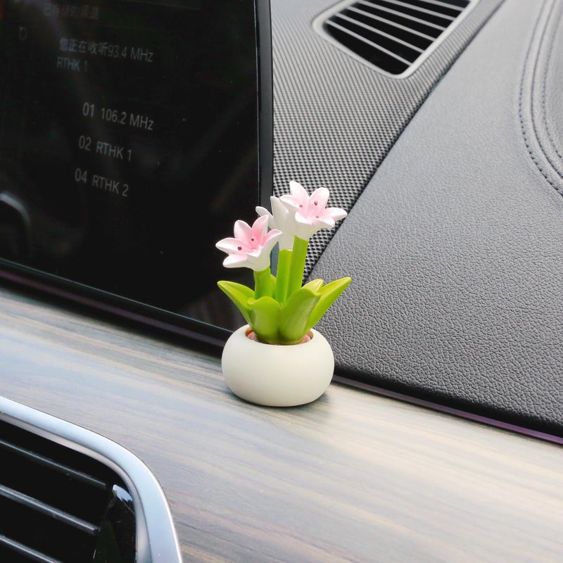 YGMONER Car Dashboard Plant Resin Flower Pot Knick Knacks Mini Plant Figurines Decorations Gifts for Women, Car Desk Bookshelf Decor (Lily Flower) - Image 5