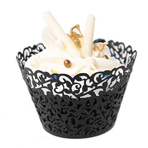 GOLF 100Pcs Cupcake Wrappers Artistic Bake Cake Paper Filigree Little Vine Lace Laser Cut Liner Baking Cup Wraps Muffin CaseTrays for Wedding Party Birthday Decoration (Black) - Image 3