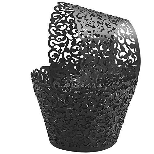 GOLF 100Pcs Cupcake Wrappers Artistic Bake Cake Paper Filigree Little Vine Lace Laser Cut Liner Baking Cup Wraps Muffin CaseTrays for Wedding Party Birthday Decoration (Black) - Image 1