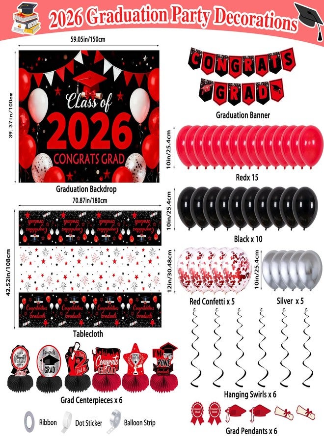 Coosilion Red and Black Graduation Decorations 2026, Graduation Party Decorations with Congrats Grad Banner Class of 2026 Backdrop Balloons Honeycomb Centerpiece Tablecloth Hanging Swirls for Kindergarten - Image 3