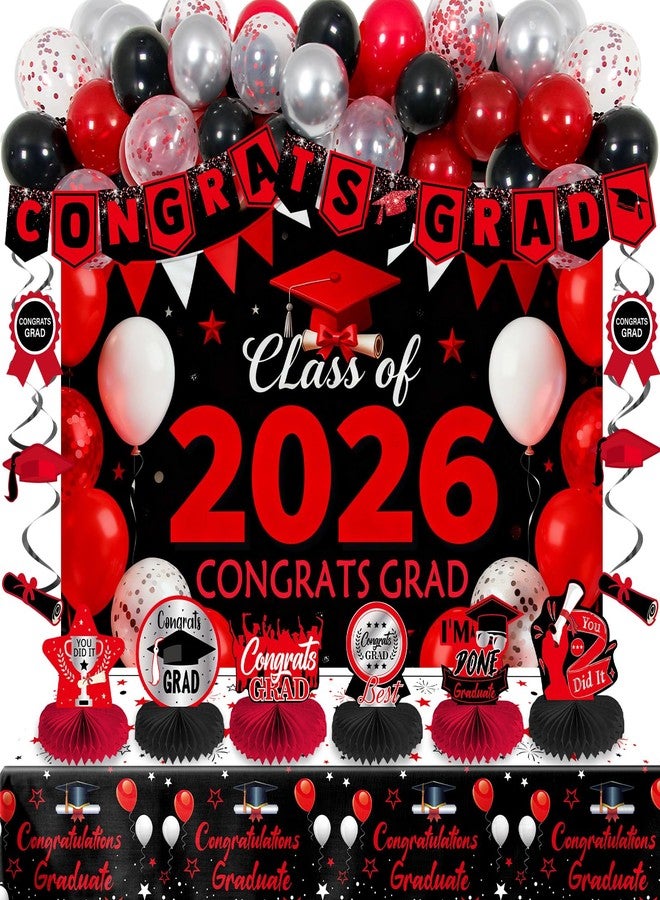 Coosilion Red and Black Graduation Decorations 2026, Graduation Party Decorations with Congrats Grad Banner Class of 2026 Backdrop Balloons Honeycomb Centerpiece Tablecloth Hanging Swirls for Kindergarten - Image 1
