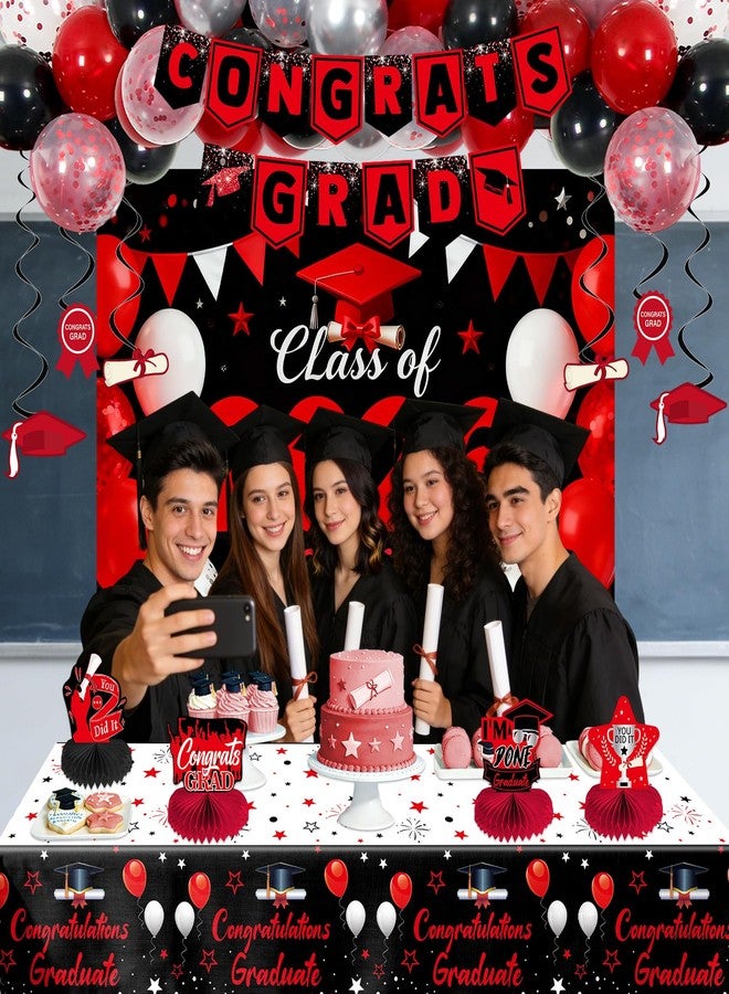 Coosilion Red and Black Graduation Decorations 2026, Graduation Party Decorations with Congrats Grad Banner Class of 2026 Backdrop Balloons Honeycomb Centerpiece Tablecloth Hanging Swirls for Kindergarten - Image 2