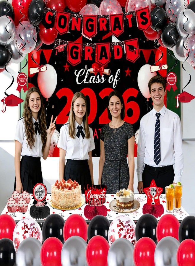 Coosilion Red and Black Graduation Decorations 2026, Graduation Party Decorations with Congrats Grad Banner Class of 2026 Backdrop Balloons Honeycomb Centerpiece Tablecloth Hanging Swirls for Kindergarten - Image 4