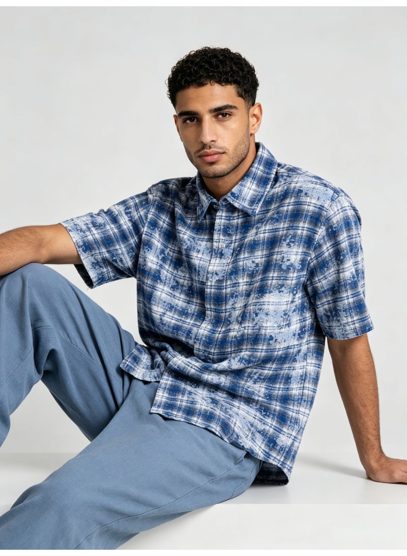 زارا ZARA Men’s Vintage Washed Plaid Short Sleeve Button Shirt - Image 5