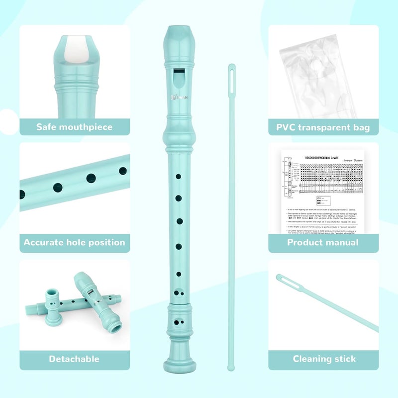 SWAN Soprano Recorder Instrument for Beginners Kids Student - German 8 Hole Flute Detachable 3pcs ABS Descant Recorders with Cleaning Rod and Chart, SW8K, Baby Blue - Image 1