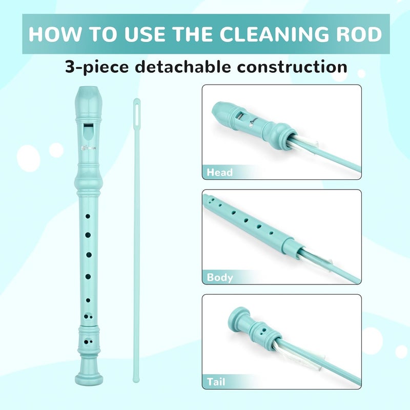 SWAN Soprano Recorder Instrument for Beginners Kids Student - German 8 Hole Flute Detachable 3pcs ABS Descant Recorders with Cleaning Rod and Chart, SW8K, Baby Blue - Image 4