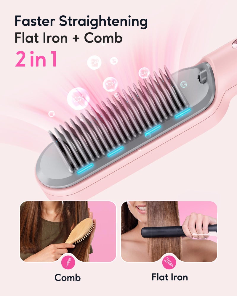 Wavytalk Hair Straightener Brush, Sleek Sweep Ionic Straightening Brush with 6 Temperature Adjust, Anti-Scald Ceramic Straightening Comb Fast Heating for Home Salon, Dual Voltage Pink. - Image 3