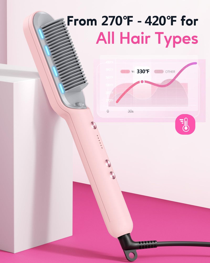 Wavytalk Hair Straightener Brush, Sleek Sweep Ionic Straightening Brush with 6 Temperature Adjust, Anti-Scald Ceramic Straightening Comb Fast Heating for Home Salon, Dual Voltage Pink. - Image 5