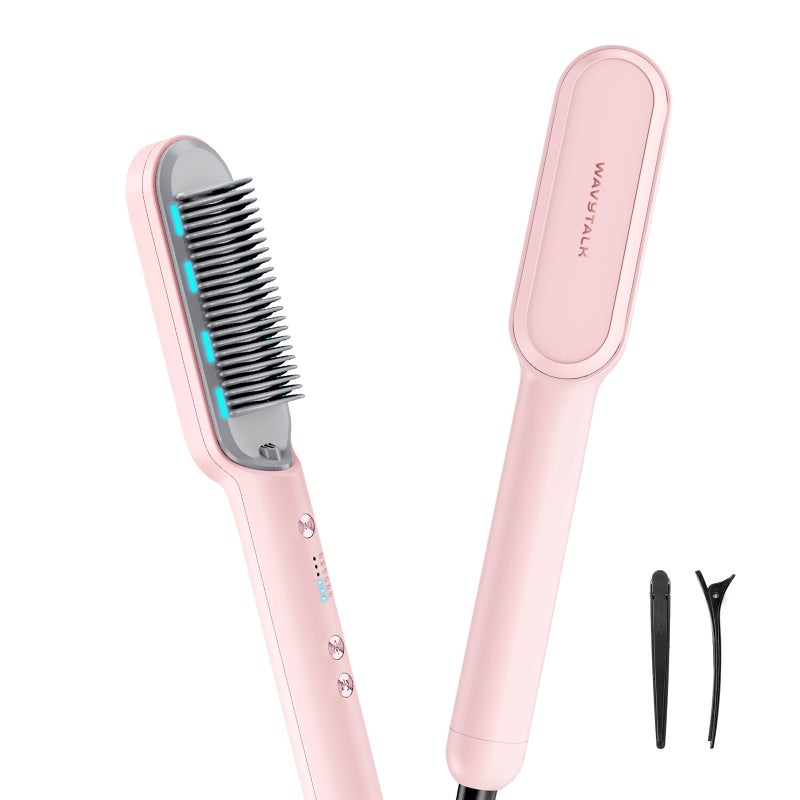 Wavytalk Hair Straightener Brush, Sleek Sweep Ionic Straightening Brush with 6 Temperature Adjust, Anti-Scald Ceramic Straightening Comb Fast Heating for Home Salon, Dual Voltage Pink. - Image 1