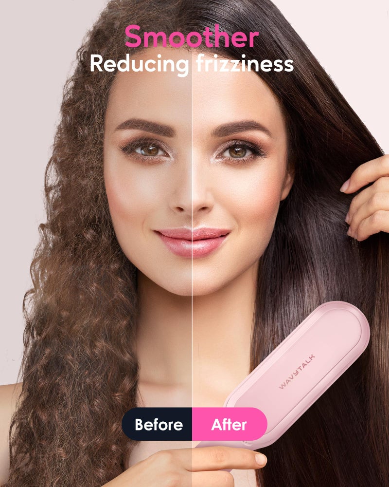 Wavytalk Hair Straightener Brush, Sleek Sweep Ionic Straightening Brush with 6 Temperature Adjust, Anti-Scald Ceramic Straightening Comb Fast Heating for Home Salon, Dual Voltage Pink. - Image 2