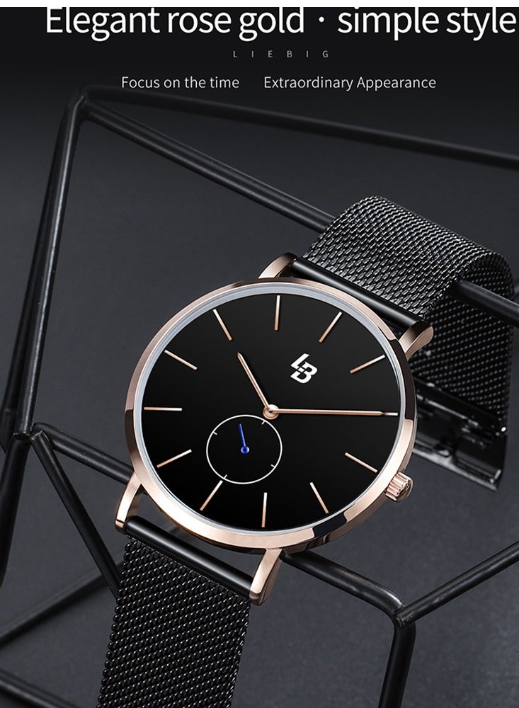 ليبيغ ساعة رجالية للعمل بسيطة وعصرية بسوار ميلانيزي من الفولاذ المقاوم للصدأ مقاومة للماء والصدمات ساعة كوارتز بميناء أسود 40ملم اللون الفضي هدية للرجال - Image 3