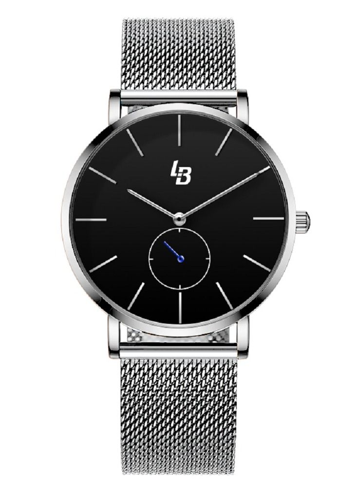 ليبيغ ساعة رجالية للعمل بسيطة وعصرية بسوار ميلانيزي من الفولاذ المقاوم للصدأ مقاومة للماء والصدمات ساعة كوارتز بميناء أسود 40ملم اللون الفضي هدية للرجال - Image 1