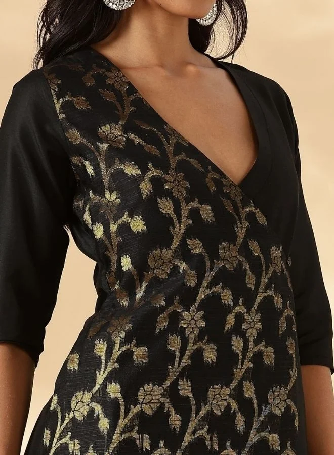 أبهشتي Black Brocade Angrakha Kurta and Pant Set