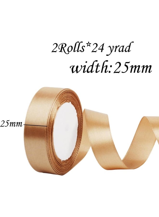 Champagne Gold Ribbon 25mm 2x22m Christmas Wrapping Satin Ribbon, Champagne Gold Fabric Thick Ribbon for Gift Crafting Hair Bows Bouquets Wedding Cake Ribbon 25mm - Image 2
