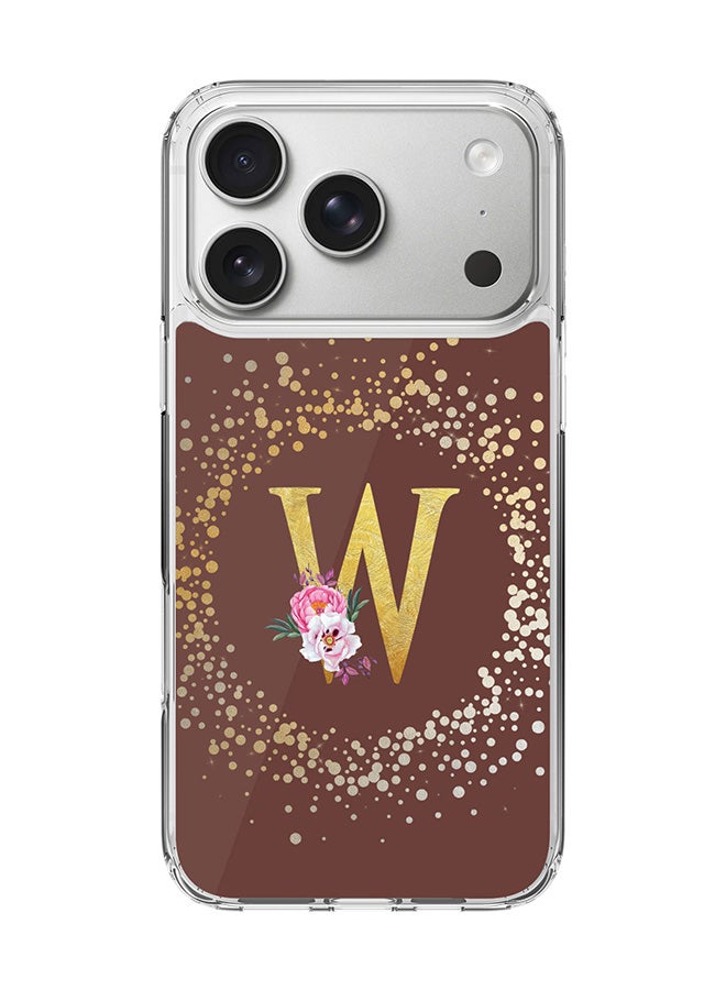 Stylizedd Classic Clear MagSafe Case for iPhone 17 Pro , Hybrid Soft Case Flexible Edges Anti Drop TPU PC Gel Thin Transparent Cover [ Designed for iPhone 17 Pro ] - Custom Monogram Initial Letter Floral Pattern Alphabet - W  (Brown )