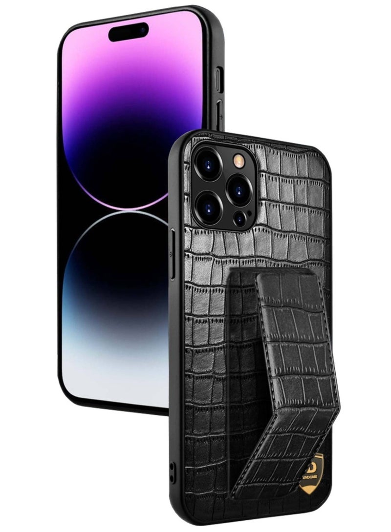 Techie حافظة ظهر جلدية بنمط تمساح لهاتف آبل آيفون 14 برو ماكس - أسود - Image 1