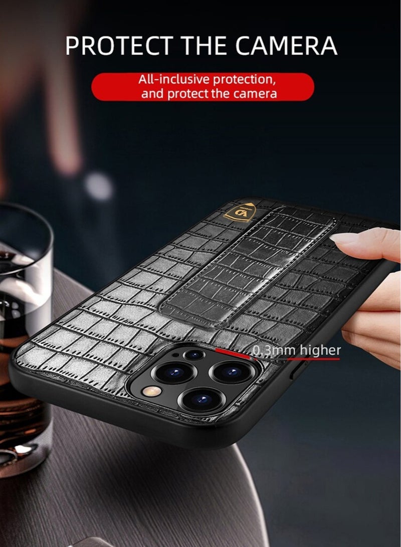 Techie حافظة ظهر جلدية بنمط تمساح لهاتف آبل آيفون 14 برو ماكس - أسود - Image 4