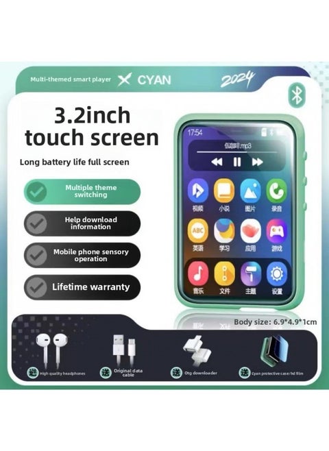 Bluetooth Walkman Student Edition High Use Listening To Songs And Watching Novels English Listening Player Reading-Body Color:3.2inch Touch Screen Upgraded Version/bluetooth 6.0/cyan Protective Case/switchable Four-theme Interface/free Headphones + OTG + Membrane-Memory Capacity:4G [can Be Downloaded As Your Request - SonG/fiction/movie - EnGlish ListeninG/others