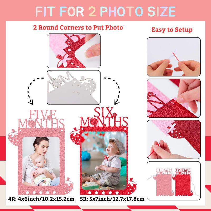 RANERVZ Glitter Strawberry Photo Banner for First Birthday Party Decorations Berry 1st Birthday Monthly Picture Banner from Newborn to 12 Months Sweet ONE Berry Monthly Photo Banner for Girls Baby Shower Backdrop Decors - Image 5