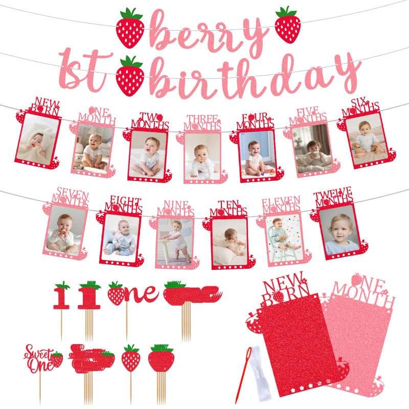 RANERVZ Glitter Strawberry Photo Banner for First Birthday Party Decorations Berry 1st Birthday Monthly Picture Banner from Newborn to 12 Months Sweet ONE Berry Monthly Photo Banner for Girls Baby Shower Backdrop Decors - Image 1