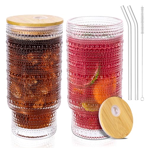 CWHHRN 16 Oz Glass Cups with Lids and Straws, Vintage Embossed Glassware for Whiskey Cocktail Beer, Iced Coffee Cup with Lid, Glass Tumbler (2 PACK) - Image 1