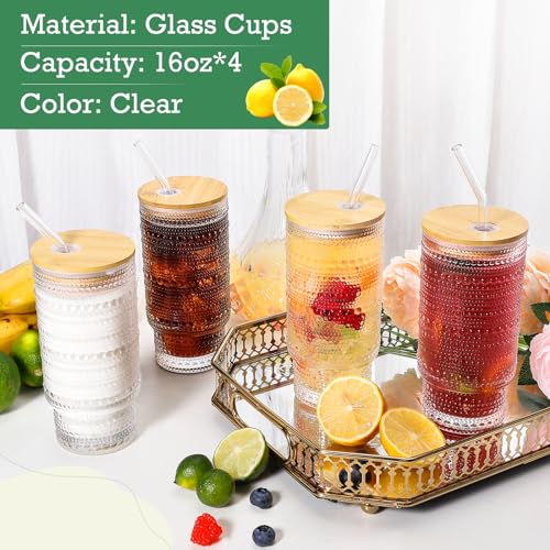 CWHHRN 16 Oz Glass Cups with Lids and Straws, Vintage Embossed Glassware for Whiskey Cocktail Beer, Iced Coffee Cup with Lid, Glass Tumbler (2 PACK) - Image 3