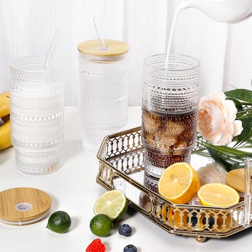 CWHHRN 16 Oz Glass Cups with Lids and Straws, Vintage Embossed Glassware for Whiskey Cocktail Beer, Iced Coffee Cup with Lid, Glass Tumbler (2 PACK) - Image 5