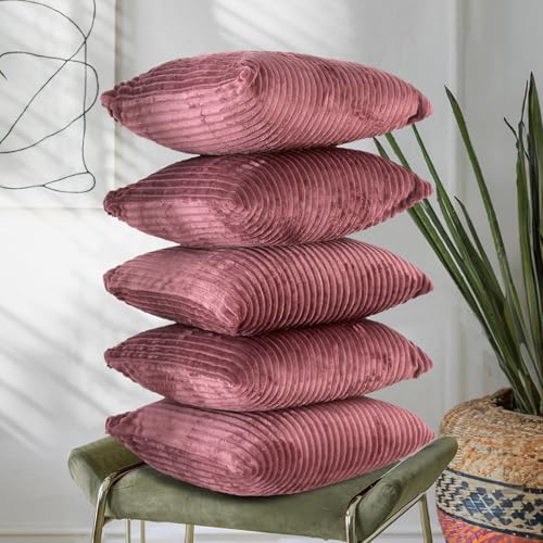 RD TREND® Cushion Cover Set of 5, Decorative Sofa Living Room Home Square Cushion Covers 16 Inch x 16 Inch, Aesthetic Corduroy Striped Double Sided (Wine,Pack of 5) - Image 1