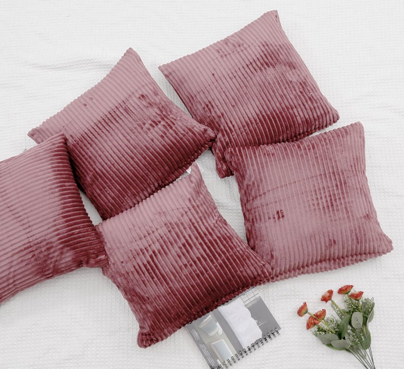 RD TREND® Cushion Cover Set of 5, Decorative Sofa Living Room Home Square Cushion Covers 16 Inch x 16 Inch, Aesthetic Corduroy Striped Double Sided (Wine,Pack of 5) - Image 3