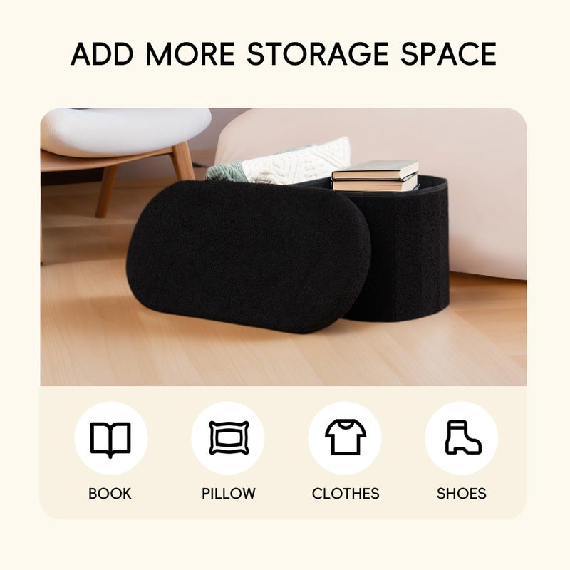PINPLUS Storage Ottoman Bench Tufted Oval Ottomans Bench Foot Rest, Boulce Bench with Storage 30"x15"x15" (Black) - Image 3