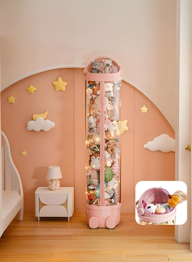 XiuWoo Stuffed Animal Storage Tube, Toy Storage Tube with Zipper LED Light, Vertical Toy Display Organizer, Toy Display Bucket with Lid, Space-Saving Toy Tower for Kids Room, Pink, 172cm  - Image 1