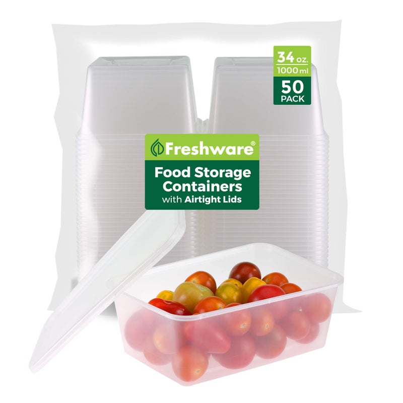Freshware Food Storage Containers [50 Set] 34 oz Plastic Deli Containers with Lids, Slime, Soup, Meal Prep Containers, BPA Free, Stackable, Leakproof, Microwave, Dishwasher and Freezer Safe - Image 1