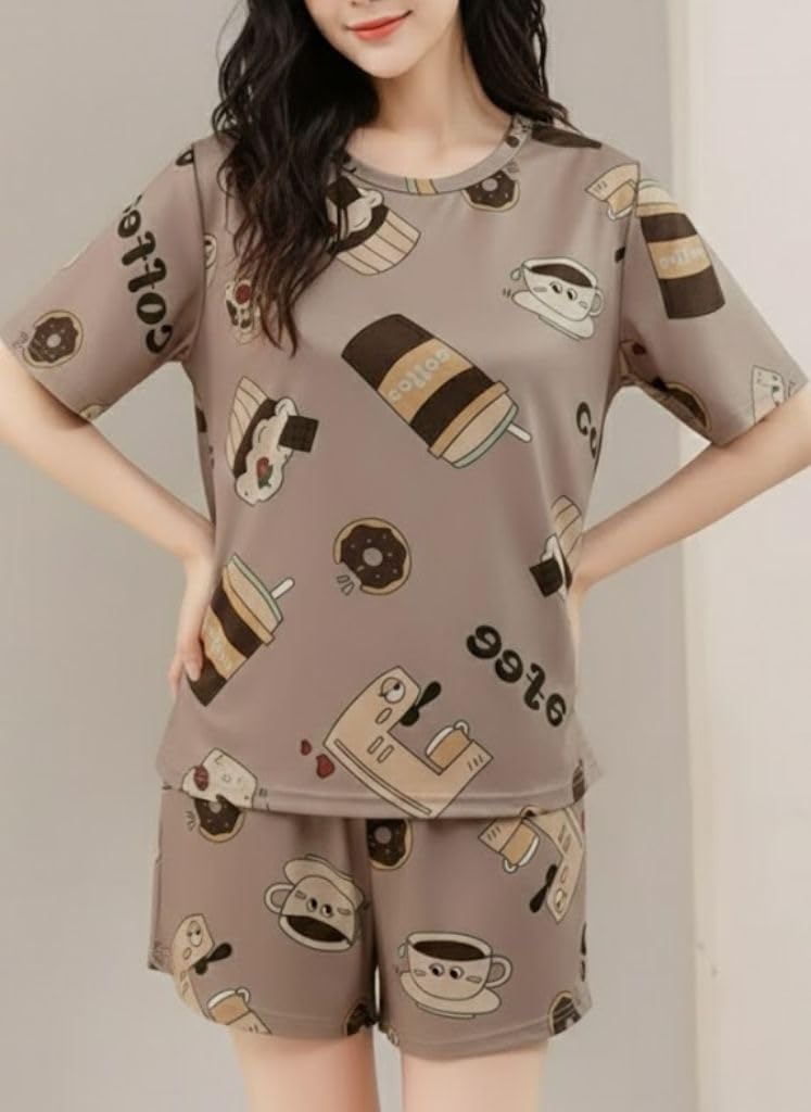 SMOWKLY Women Korean Shorts Pajama Set Cotton Blend Nightwear Set Top & Shorts Sleepwear Lounge Wear Soft Comfortable Night Suit Ladies Summer Night Dress Co-Ord Home Wear Set(1509_BG_XS) Beige - Image 3