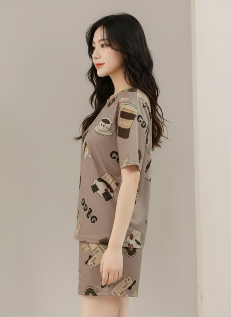 SMOWKLY Women Korean Shorts Pajama Set Cotton Blend Nightwear Set Top & Shorts Sleepwear Lounge Wear Soft Comfortable Night Suit Ladies Summer Night Dress Co-Ord Home Wear Set(1509_BG_XS) Beige - Image 4